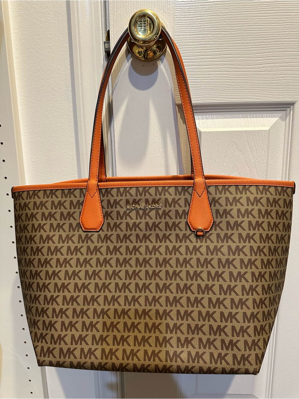 Michael Kors Brown MK Signature Tote with Orange Trim